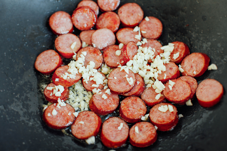 Sausage cooked with garlic and olive oil