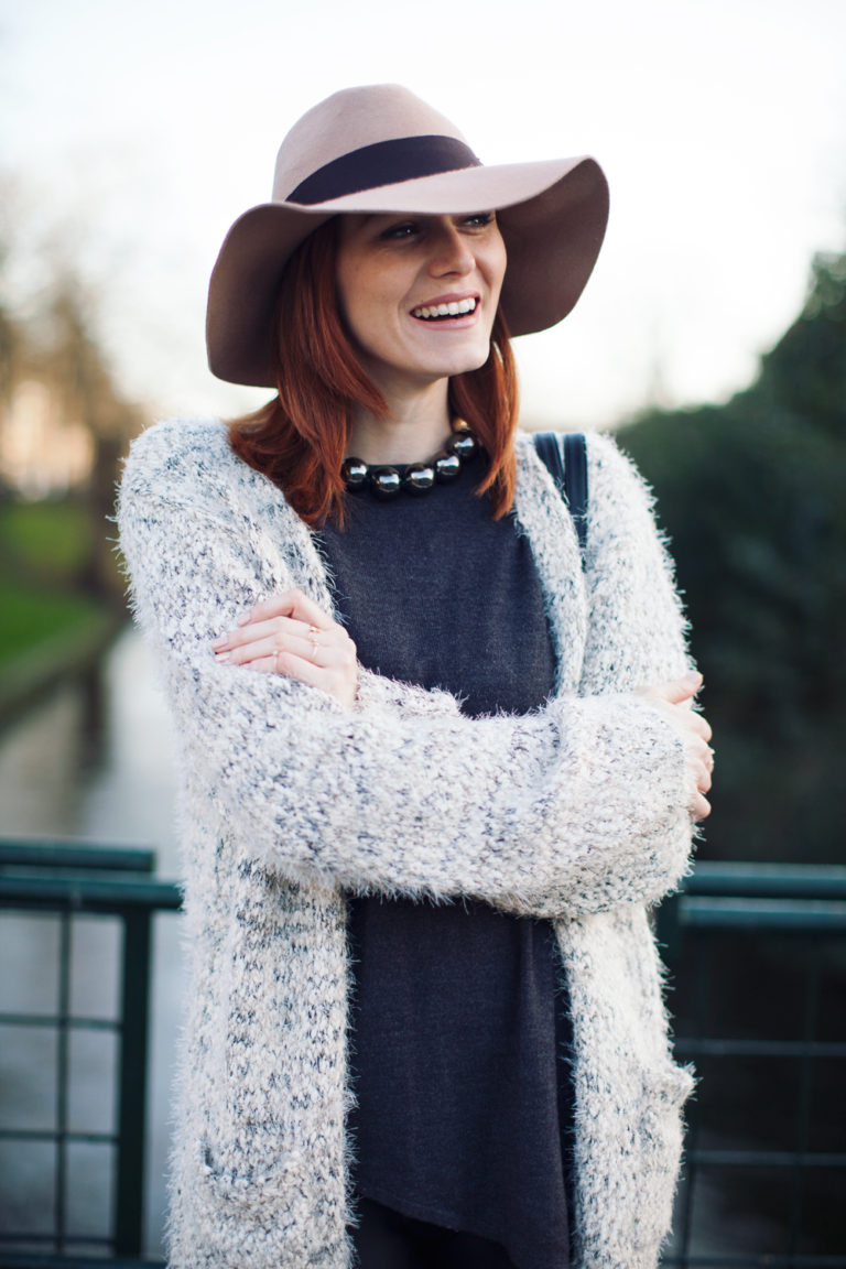 Fuzzy cardigan and fedora