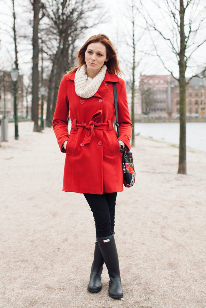 red peacoat outfit