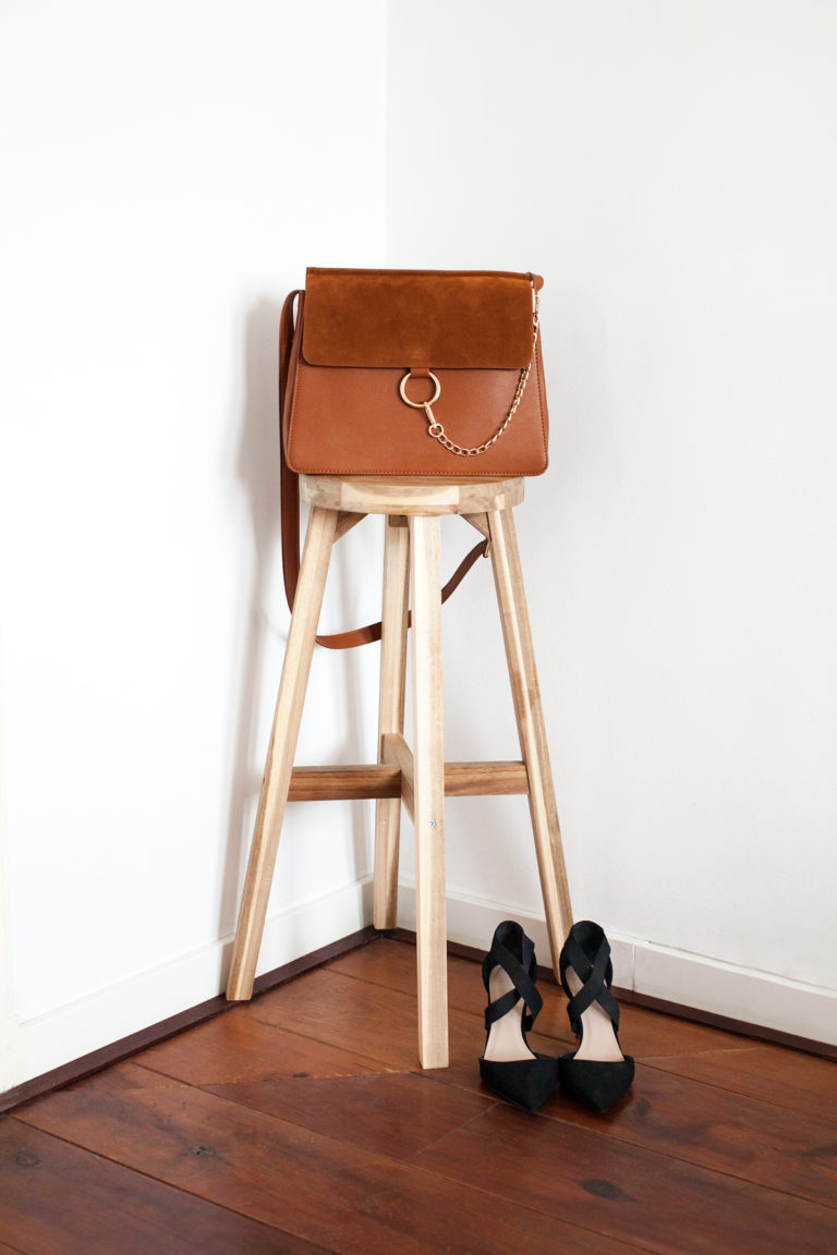 How to Wear Non Maternity Clothes When Pregnant, featured by top US fashion blog, Tea Cups & Tulips: image of a Brown Ring Chain Accent Faux Suede Flap Bag