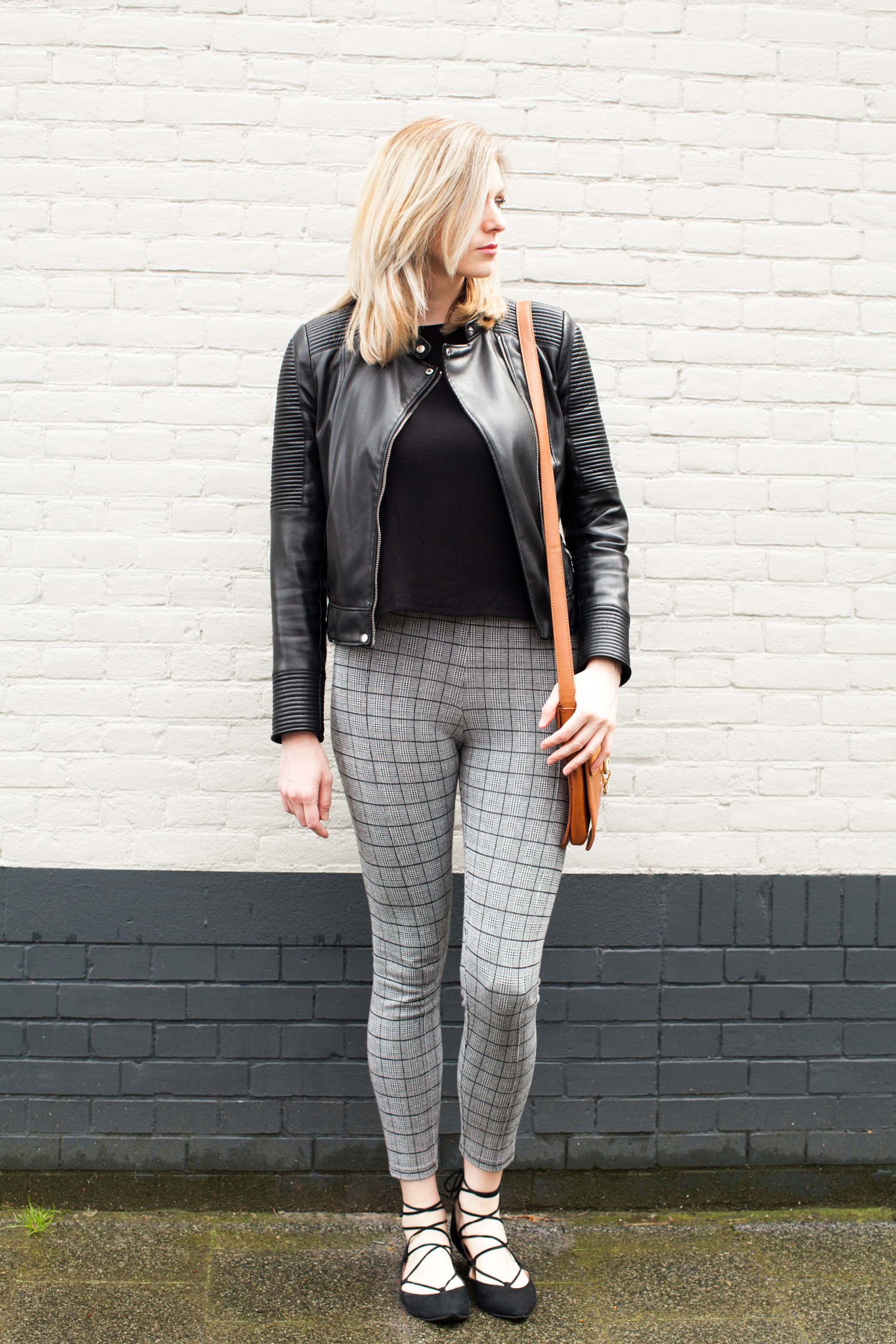 Black and white outfit. Open shoulder top + gingham pants + lace up flats