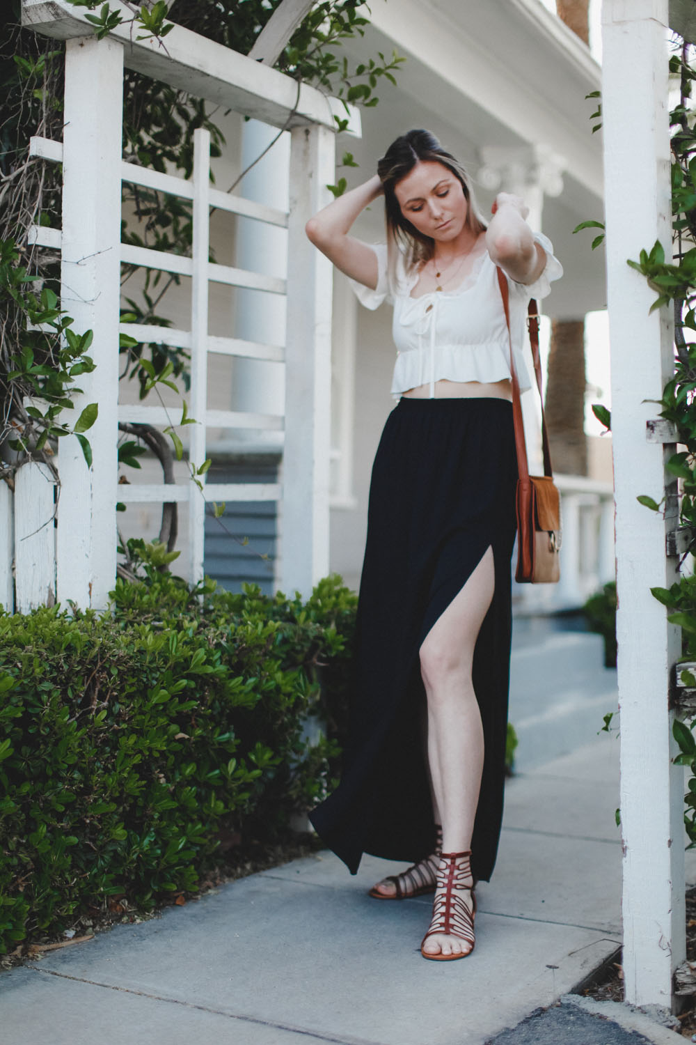 Double slit maxi skirt and white crop top