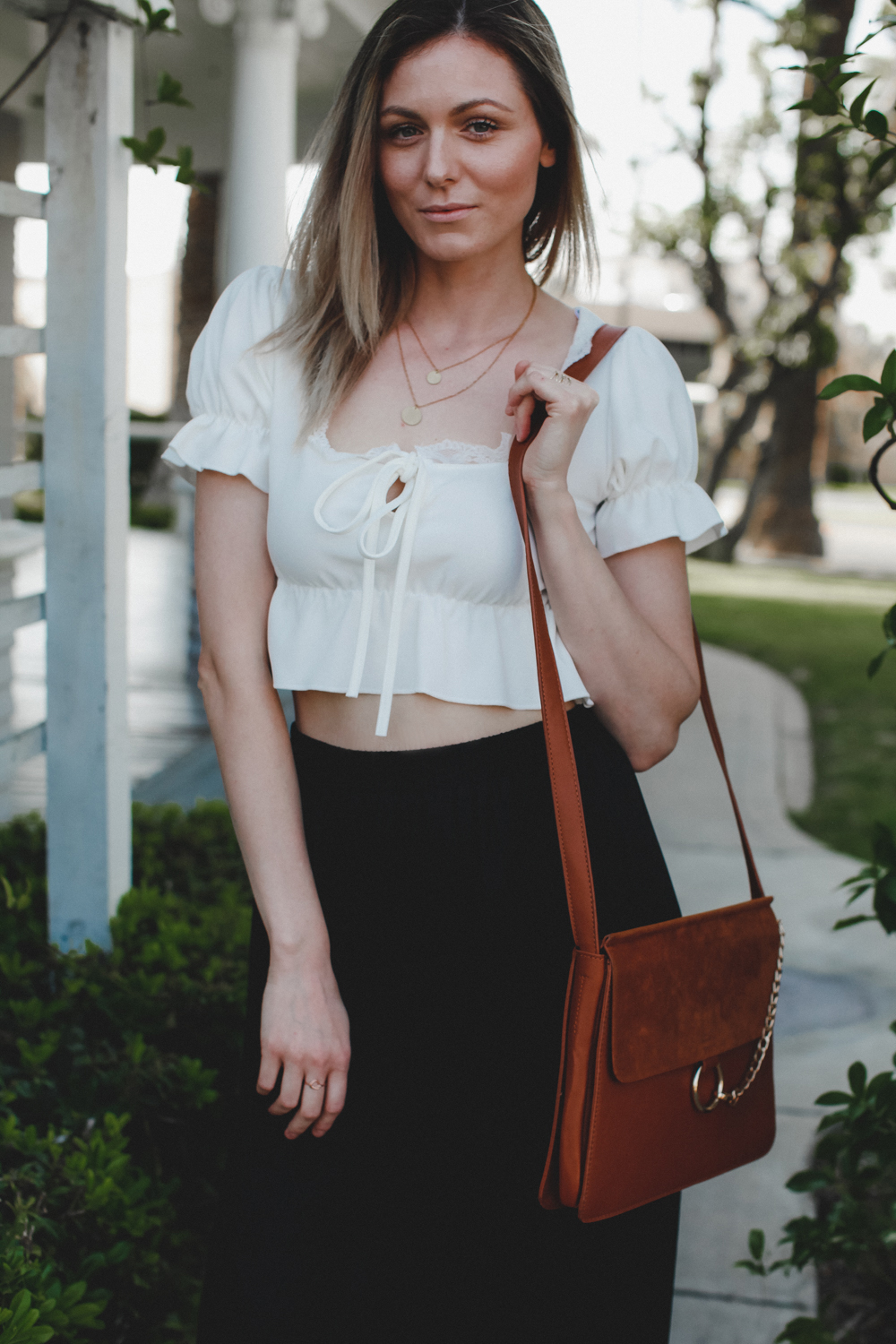 White crop top with lace trim and ruffles