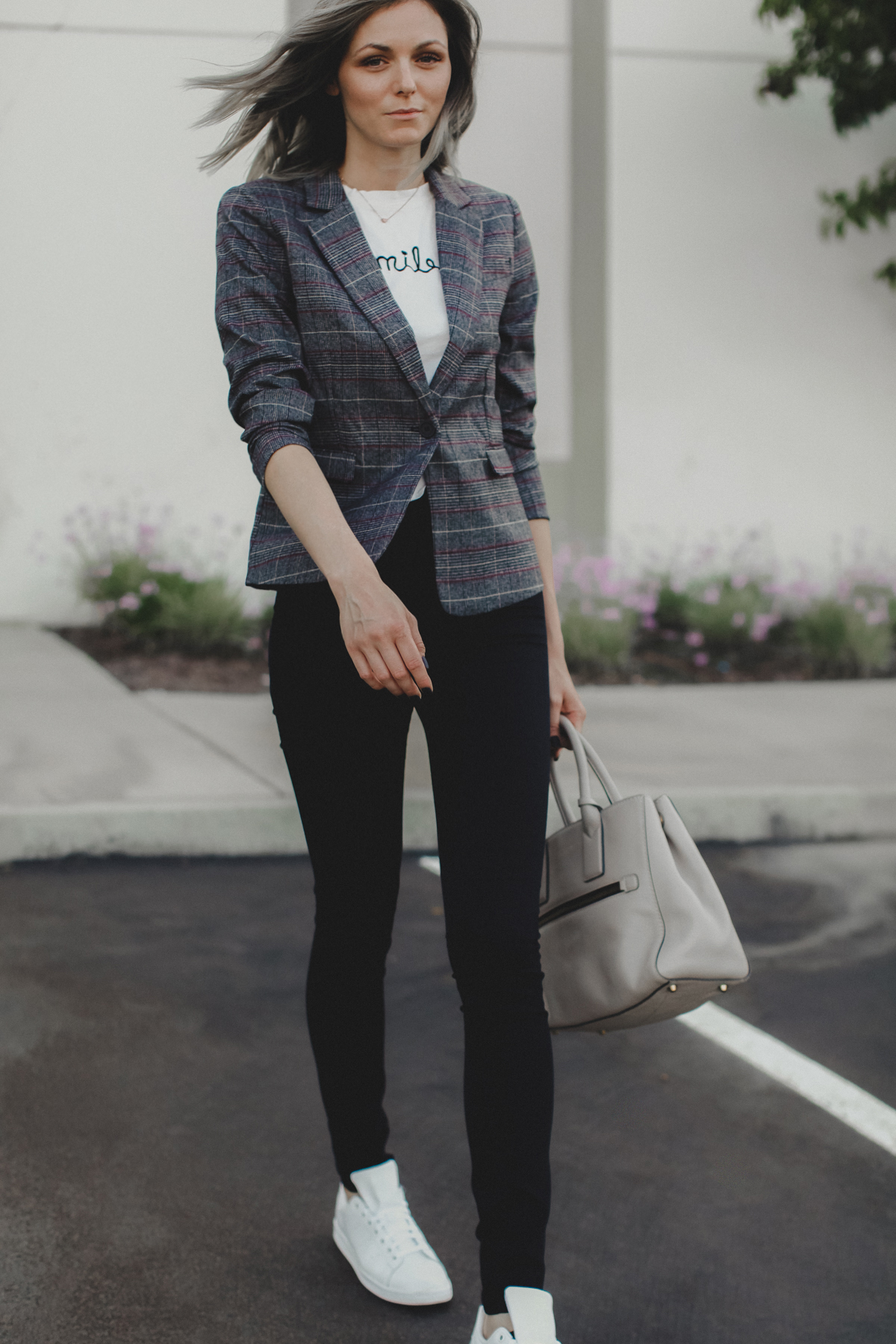 Plaid blazer and sneakers