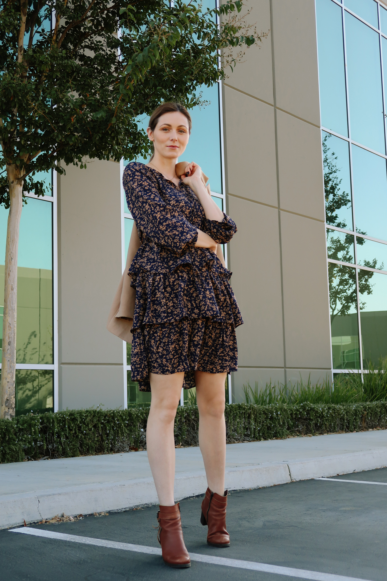 Ruffle dress and camel coat | Easy Casual Outfits To Try Right Now by popular California fashion blog, Tea Cups and Tulips: image of a woman outside wearing a SheIn Ditsy Floral Layered Ruffle Hem A-Line Dress and SheIn Camel Double Breasted Coat With Welt Pocket.