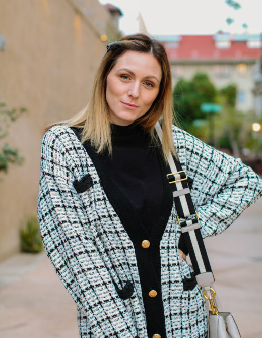 How to wear a cardigan without looking frumpy, tips featured by top L.A. fashion blog, Tea Cups & Tulips: image of a woman wearing a SheIn plaid cardigan