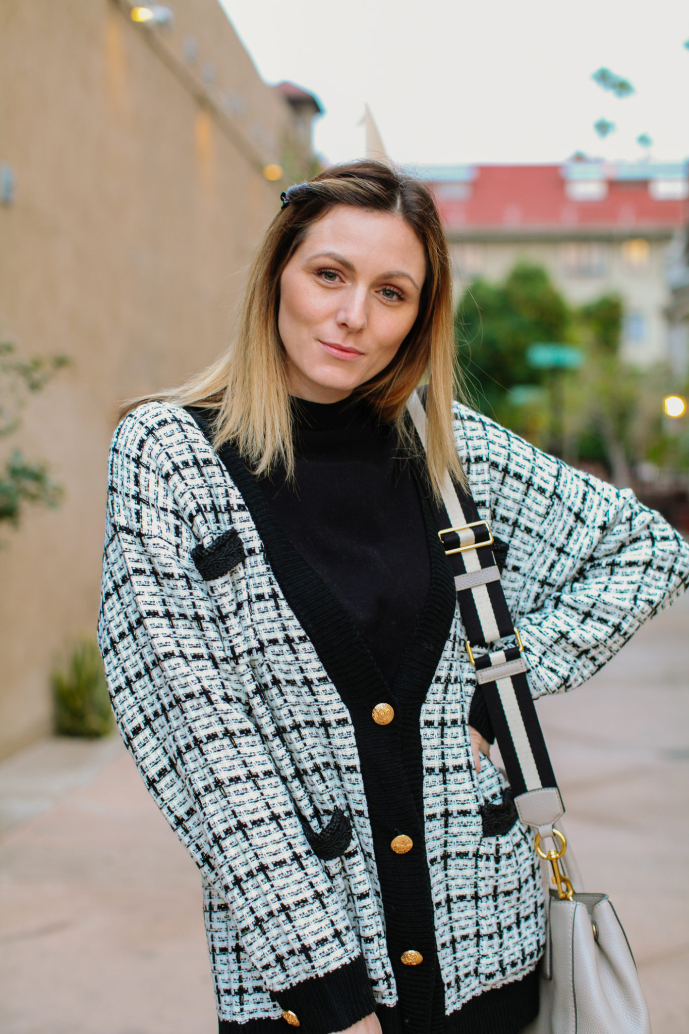 How to wear a cardigan without looking frumpy, tips featured by top L.A. fashion blog, Tea Cups & Tulips: image of a woman wearing a SheIn plaid cardigan