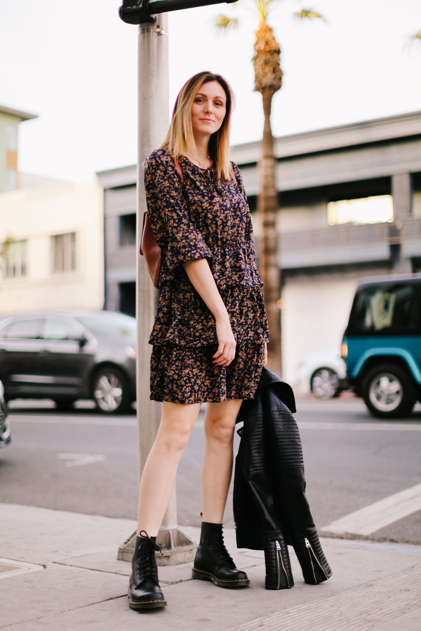 How to Wear a Floral Ruffle Dress for an Edgy Look